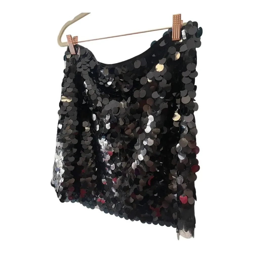 SIMON MILLER Sequin Dizzy Party Mini Skirt Mid Rise Lined Black Size 10 - Picture 8 of 13